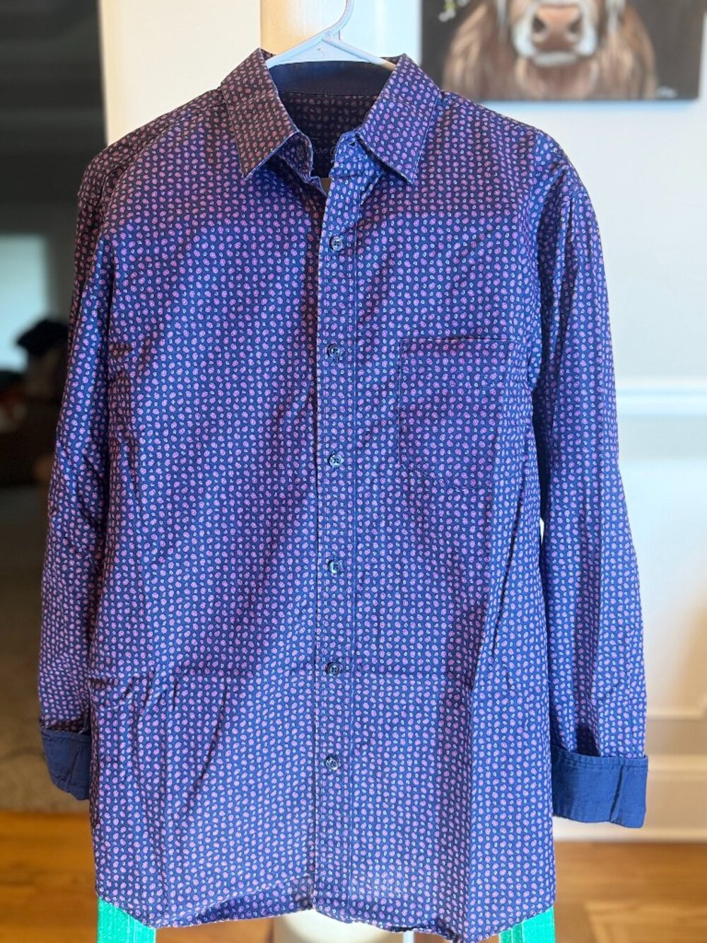 Tasso Elba Blue Floral Button Down Dress Shirt Men's L 16-16 1/2 Neck Good Cond